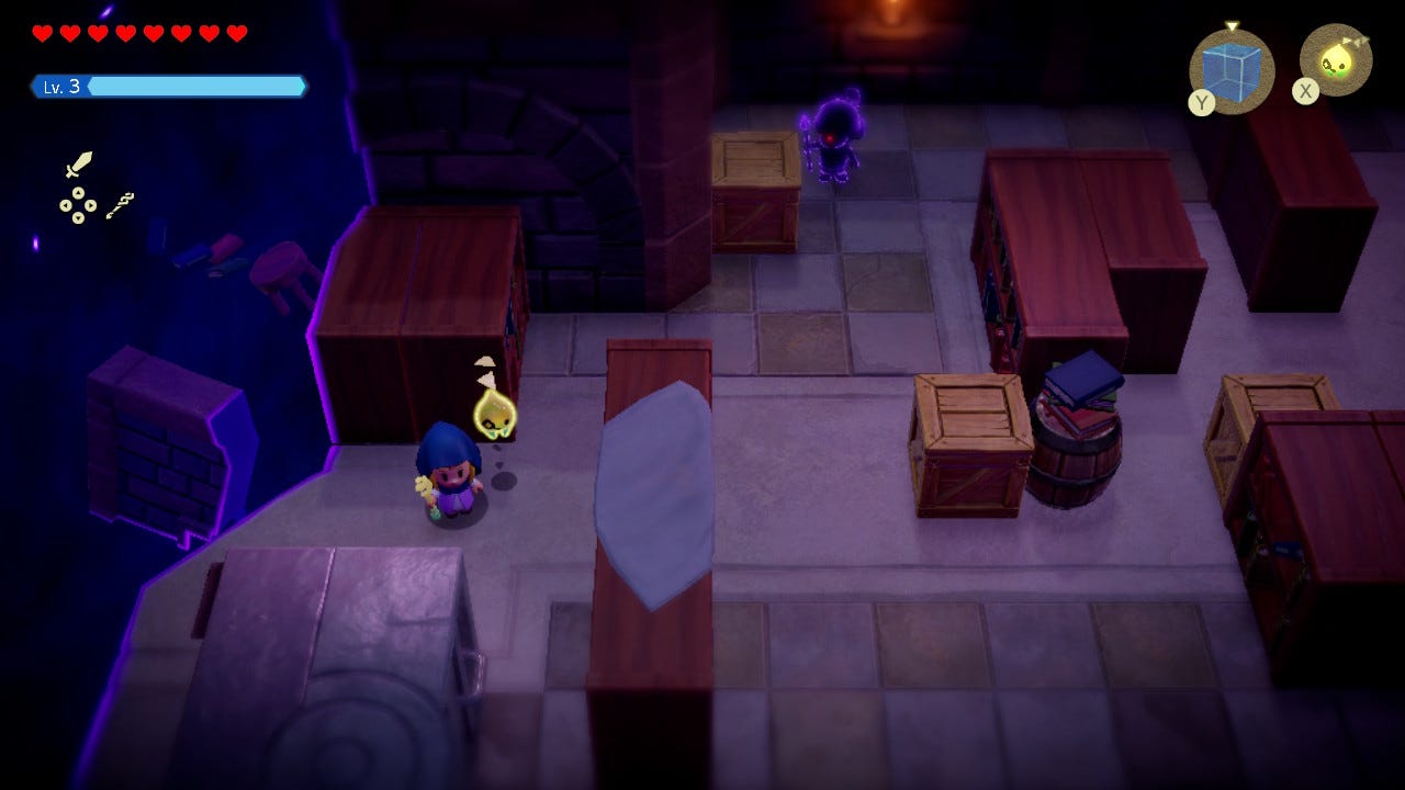 Zelda and Tri hide from guards in Still World Hyrule Castle.