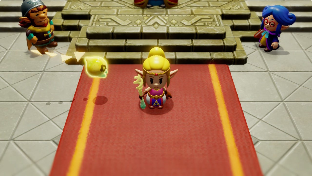 Princess Zelda stands in Hyrule Castle with Tri, Minister Lefte, and General Wright watching.